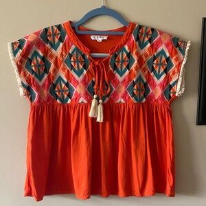 THML Orange Embroidered Boho Tunic with Tassel Tie